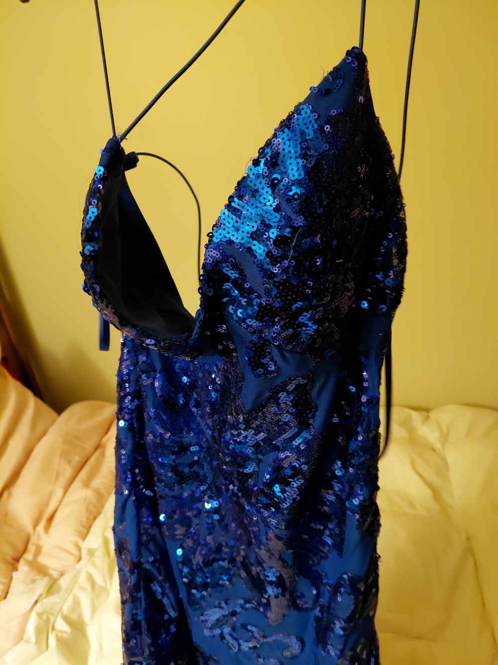 Blue Sequin Spaghetti-Strap Evening Dress